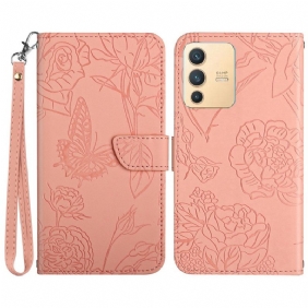 Leren Hoesje voor Vivo V23 5G Vlinder Met Lanyard