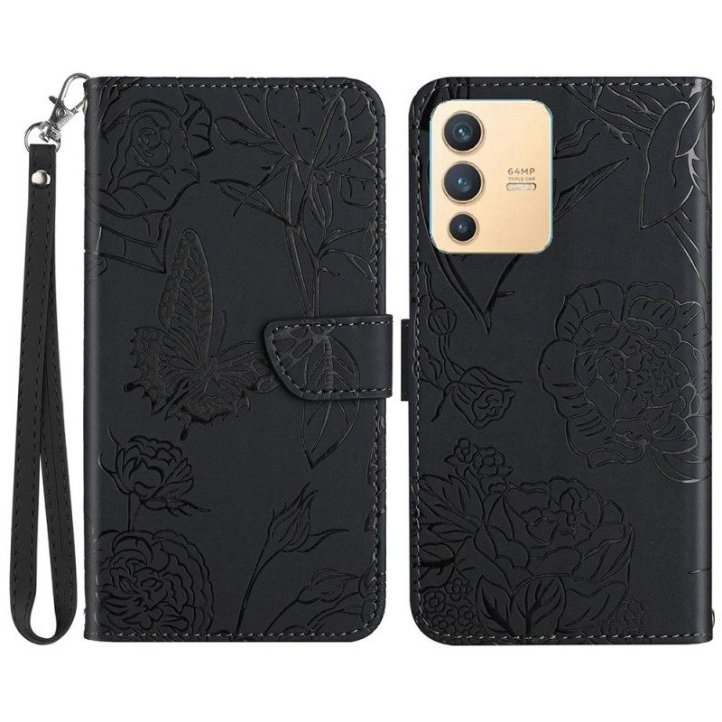 Leren Hoesje voor Vivo V23 5G Vlinder Met Lanyard