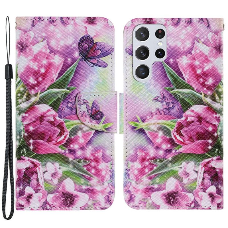 Flip Case voor Samsung Galaxy S22 Ultra 5G Vlinders En Tulpen