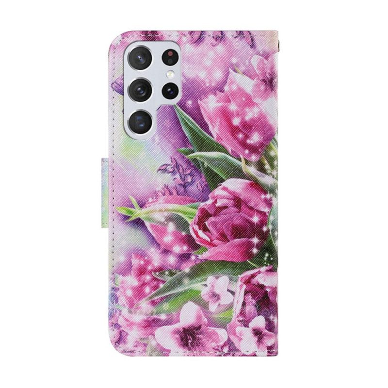 Flip Case voor Samsung Galaxy S22 Ultra 5G Vlinders En Tulpen