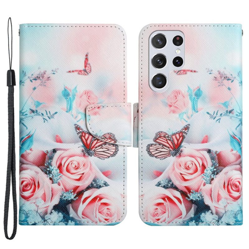 Folio-hoesje voor Samsung Galaxy S22 Ultra 5G Boeket Bloemen En Vlinders