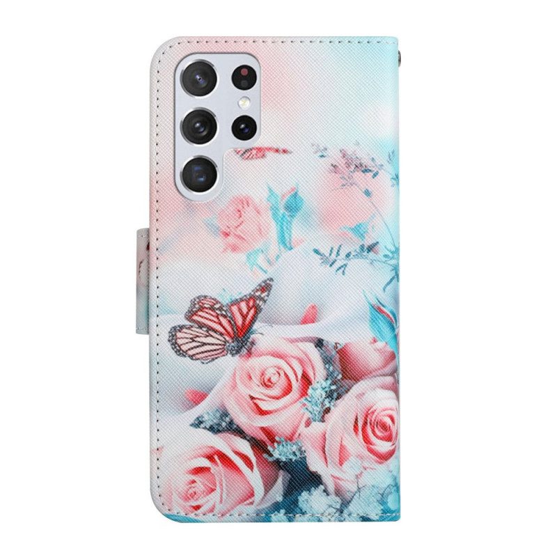 Folio-hoesje voor Samsung Galaxy S22 Ultra 5G Boeket Bloemen En Vlinders