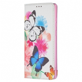 Folio-hoesje voor Samsung Galaxy S22 Ultra 5G Geschilderde Vlinders En Bloemen