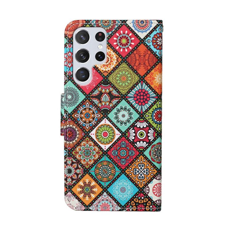 Folio-hoesje voor Samsung Galaxy S22 Ultra 5G Lappendeken Mandala's Met Lanyard