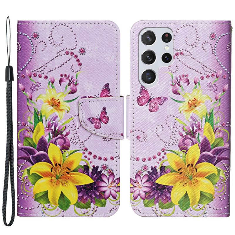 Folio-hoesje voor Samsung Galaxy S22 Ultra 5G Meesterlijke Bloemen Met Riem