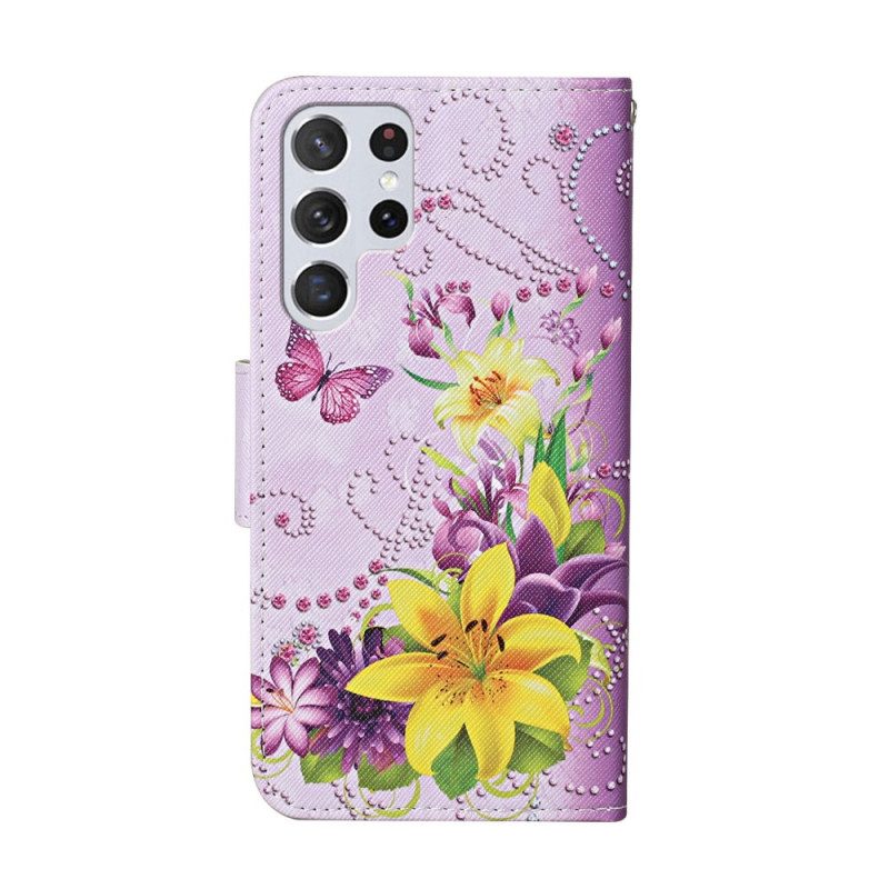 Folio-hoesje voor Samsung Galaxy S22 Ultra 5G Meesterlijke Bloemen Met Riem