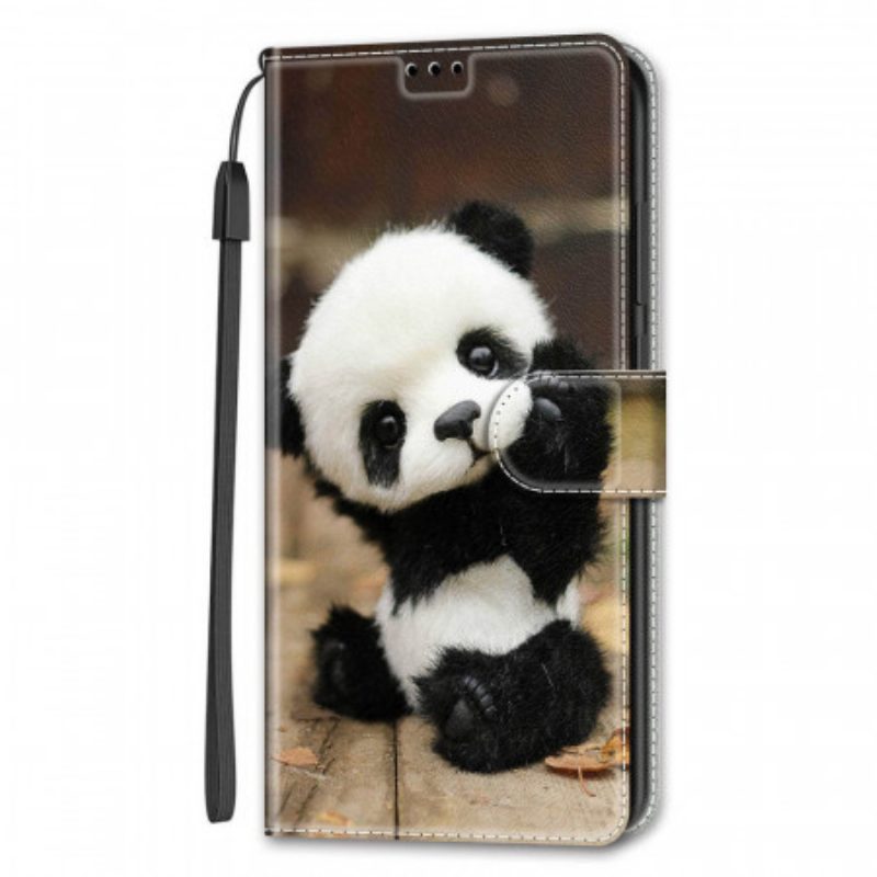 Folio-hoesje voor Samsung Galaxy S22 Ultra 5G Met Ketting Speel Kleine Panda Met Riem