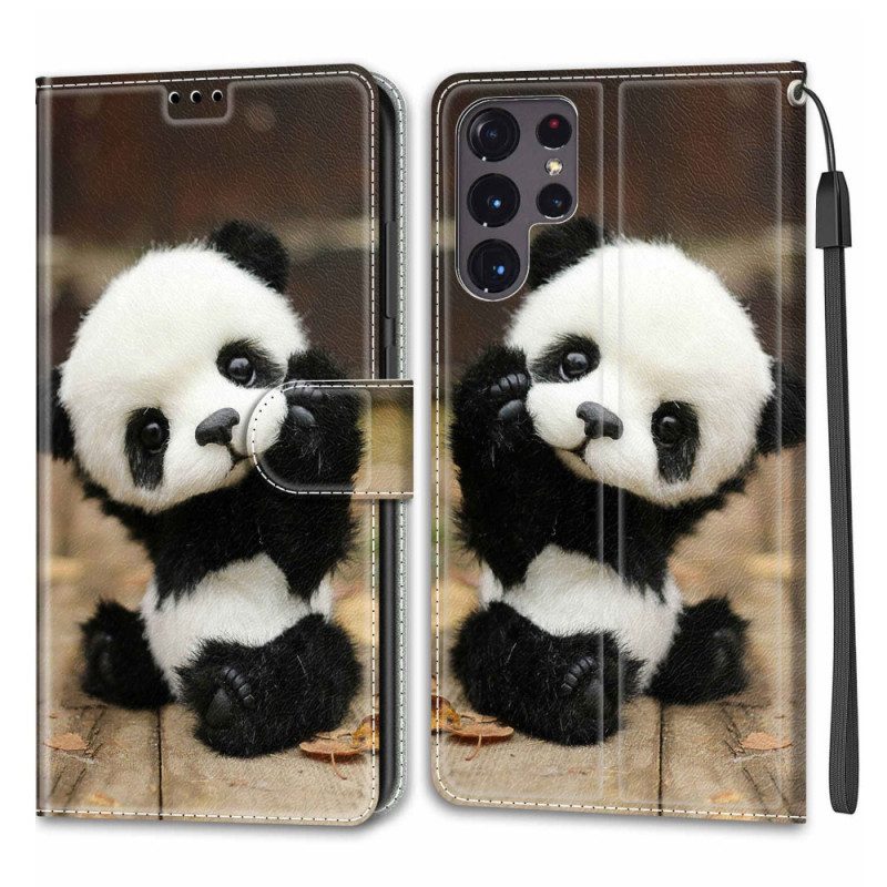 Folio-hoesje voor Samsung Galaxy S22 Ultra 5G Met Ketting Speel Kleine Panda Met Riem