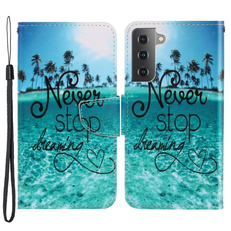 Folio-hoesje voor Samsung Galaxy S22 Ultra 5G Met Ketting Stop Nooit Met Dromen In Marineblauwe Bandjes