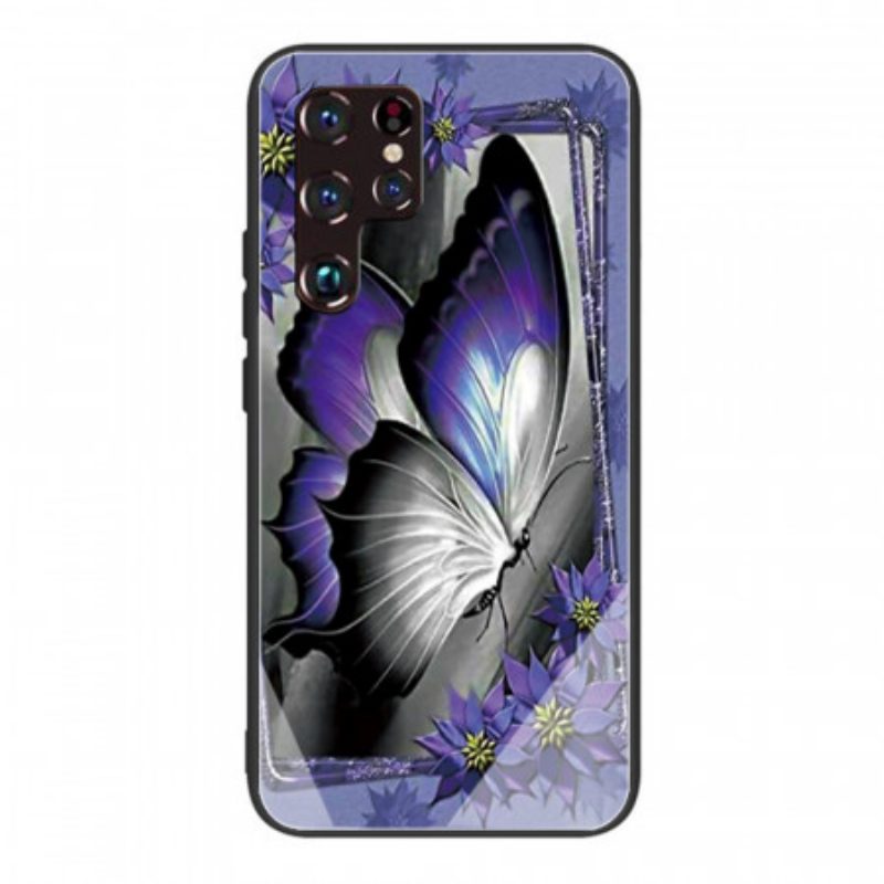 Hoesje voor Samsung Galaxy S22 Ultra 5G Paars Vlinder Gehard Glas