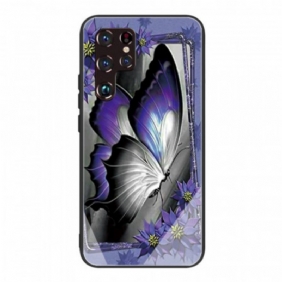 Hoesje voor Samsung Galaxy S22 Ultra 5G Paars Vlinder Gehard Glas