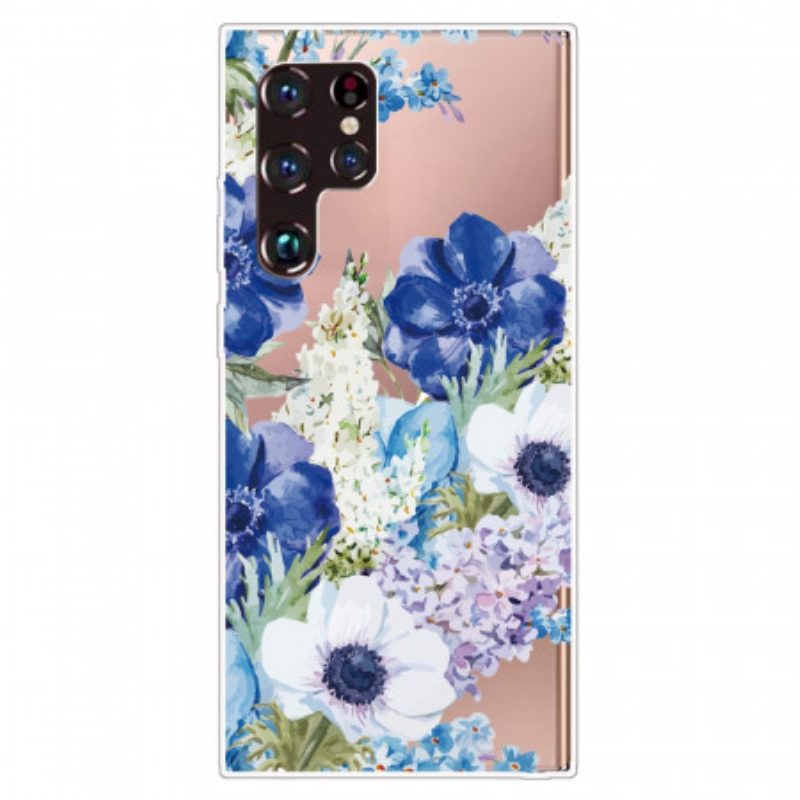 Hoesje voor Samsung Galaxy S22 Ultra 5G Waterverf Blauwe Bloemen