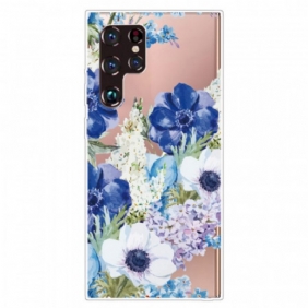 Hoesje voor Samsung Galaxy S22 Ultra 5G Waterverf Blauwe Bloemen