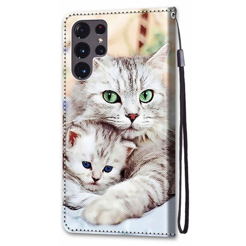 Leren Hoesje voor Samsung Galaxy S22 Ultra 5G Katten Familie