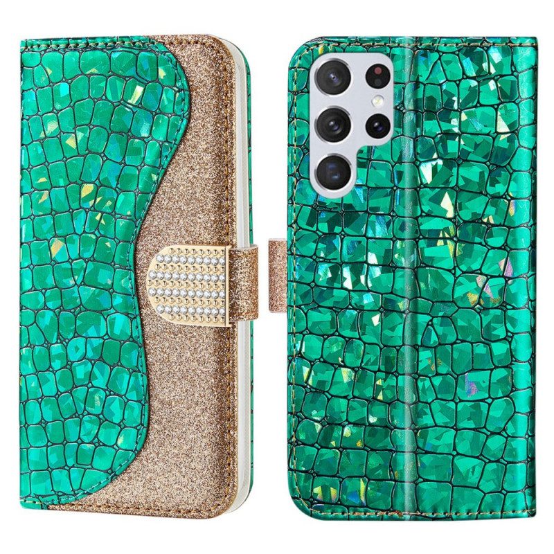 Leren Hoesje voor Samsung Galaxy S22 Ultra 5G Krokodil Diamanten