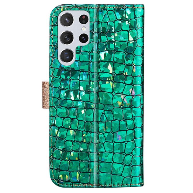 Leren Hoesje voor Samsung Galaxy S22 Ultra 5G Krokodil Diamanten