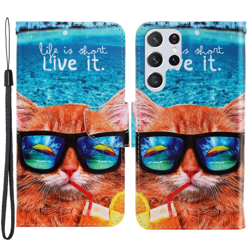 Leren Hoesje voor Samsung Galaxy S22 Ultra 5G Met Ketting Kat Live It Strappy