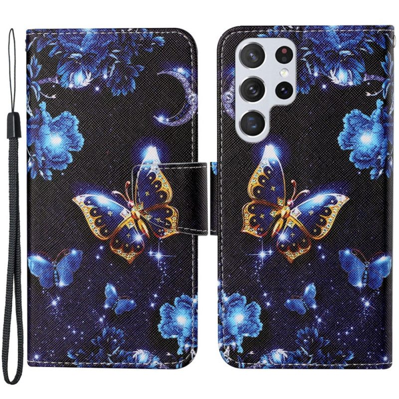 Leren Hoesje voor Samsung Galaxy S22 Ultra 5G Met Ketting Kostbare Stringvlinders