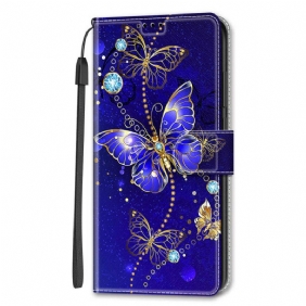 Leren Hoesje voor Samsung Galaxy S22 Ultra 5G Met Ketting Riem Vlinders Waaier