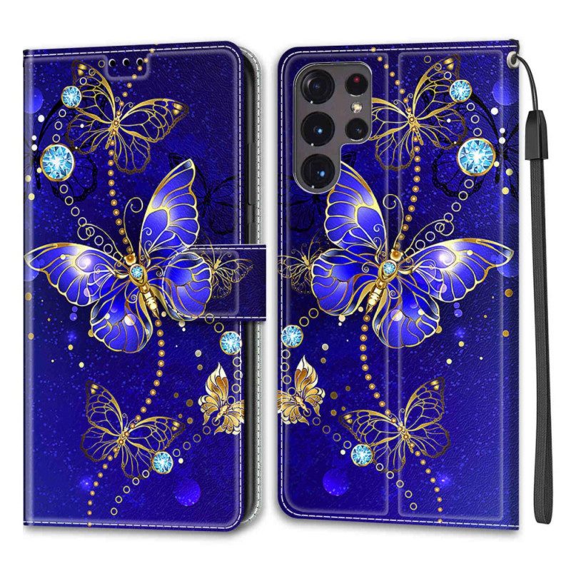 Leren Hoesje voor Samsung Galaxy S22 Ultra 5G Met Ketting Riem Vlinders Waaier