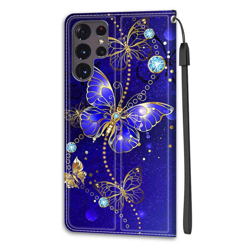 Leren Hoesje voor Samsung Galaxy S22 Ultra 5G Met Ketting Riem Vlinders Waaier