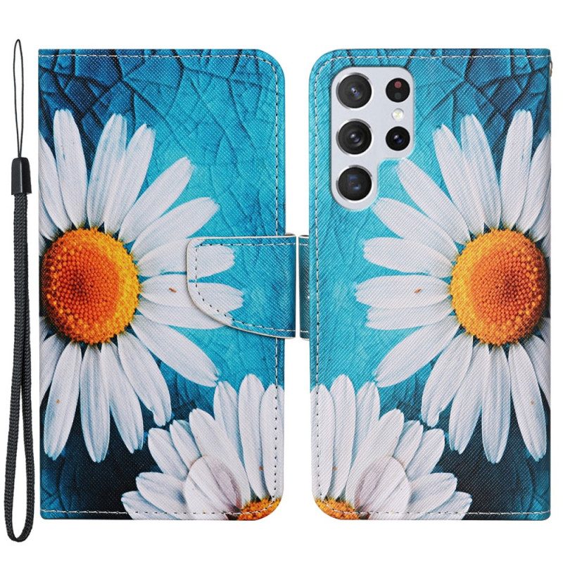 Leren Hoesje voor Samsung Galaxy S22 Ultra 5G Met Ketting String Madeliefjes