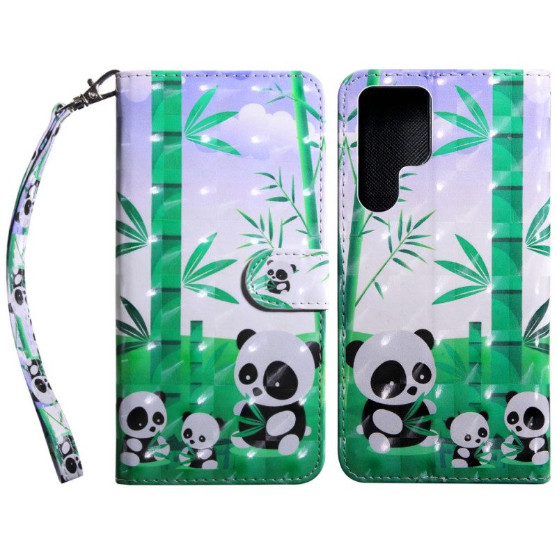 Leren Hoesje voor Samsung Galaxy S22 Ultra 5G Panda-familie