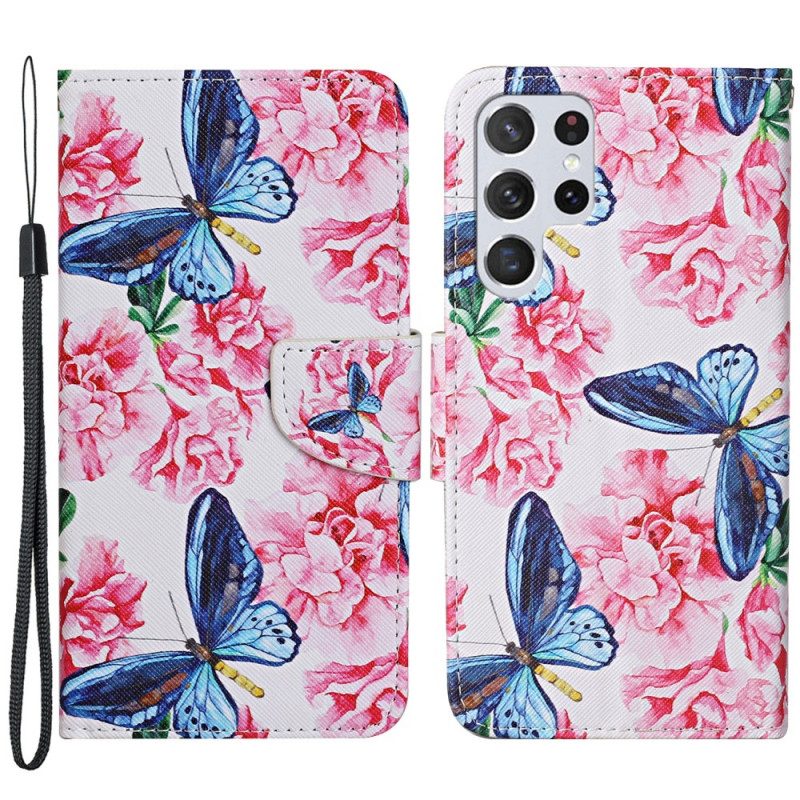 Leren Hoesje voor Samsung Galaxy S22 Ultra 5G Vlinders Floral Lanyard