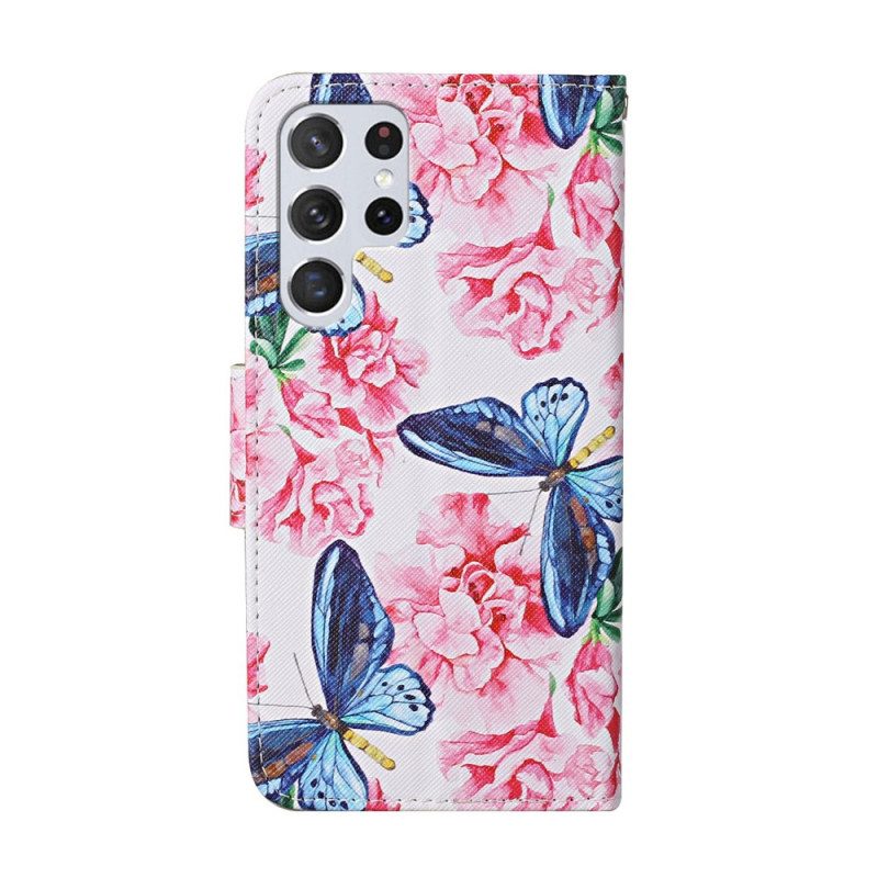 Leren Hoesje voor Samsung Galaxy S22 Ultra 5G Vlinders Floral Lanyard