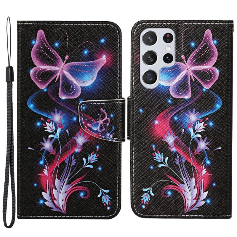 Leren Hoesje voor Samsung Galaxy S22 Ultra 5G Vlinders En Lanyard