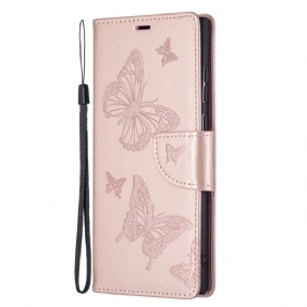 Leren Hoesje voor Samsung Galaxy S22 Ultra 5G Vlinders Tijdens De Vlucht Met Lanyard