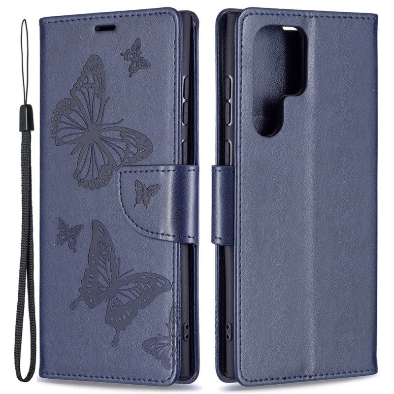 Leren Hoesje voor Samsung Galaxy S22 Ultra 5G Vlinders Tijdens De Vlucht Met Lanyard