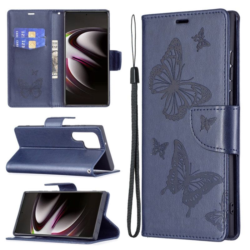 Leren Hoesje voor Samsung Galaxy S22 Ultra 5G Vlinders Tijdens De Vlucht Met Lanyard