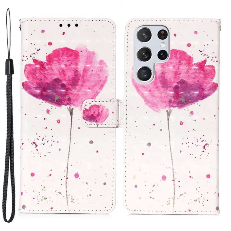 Telefoonhoesje Leren Hoesje voor Samsung Galaxy S22 Ultra 5G Aquarel Papaver