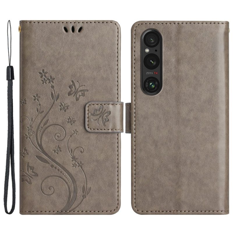 Folio-hoesje Sony Xperia 1 Vi Telefoonhoesje Bloemen En Vlinders Met Riem