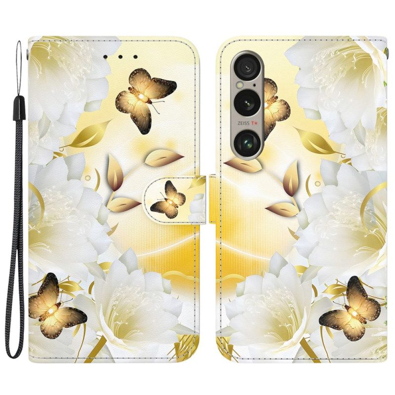 Folio-hoesje Sony Xperia 1 Vi Telefoonhoesje Gouden Vlinders En Witte Bloemen Met Riem