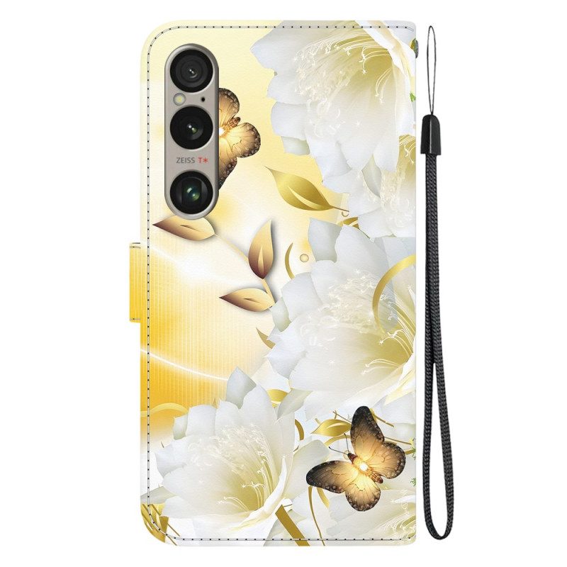 Folio-hoesje Sony Xperia 1 Vi Telefoonhoesje Gouden Vlinders En Witte Bloemen Met Riem