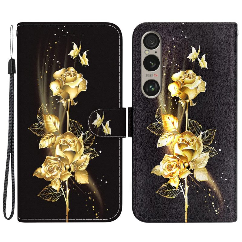 Leren Hoesje Sony Xperia 1 Vi Gouden Vlinders En Rozen Met Riem Bescherming Hoesje