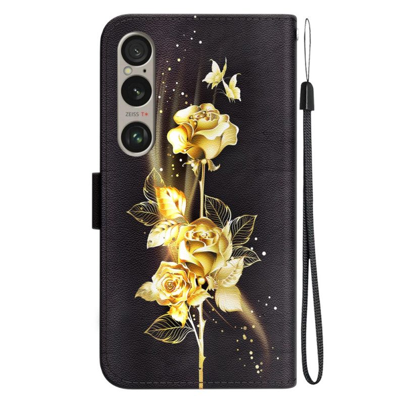 Leren Hoesje Sony Xperia 1 Vi Gouden Vlinders En Rozen Met Riem Bescherming Hoesje