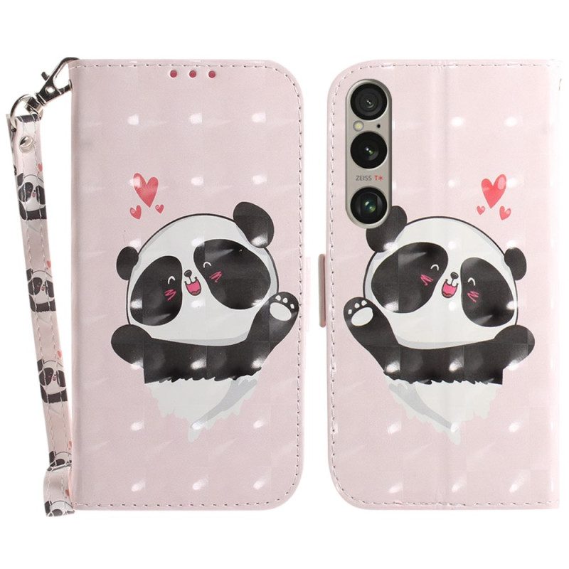 Leren Hoesje Sony Xperia 1 Vi Panda Love Met Riempje Bescherming Hoesje