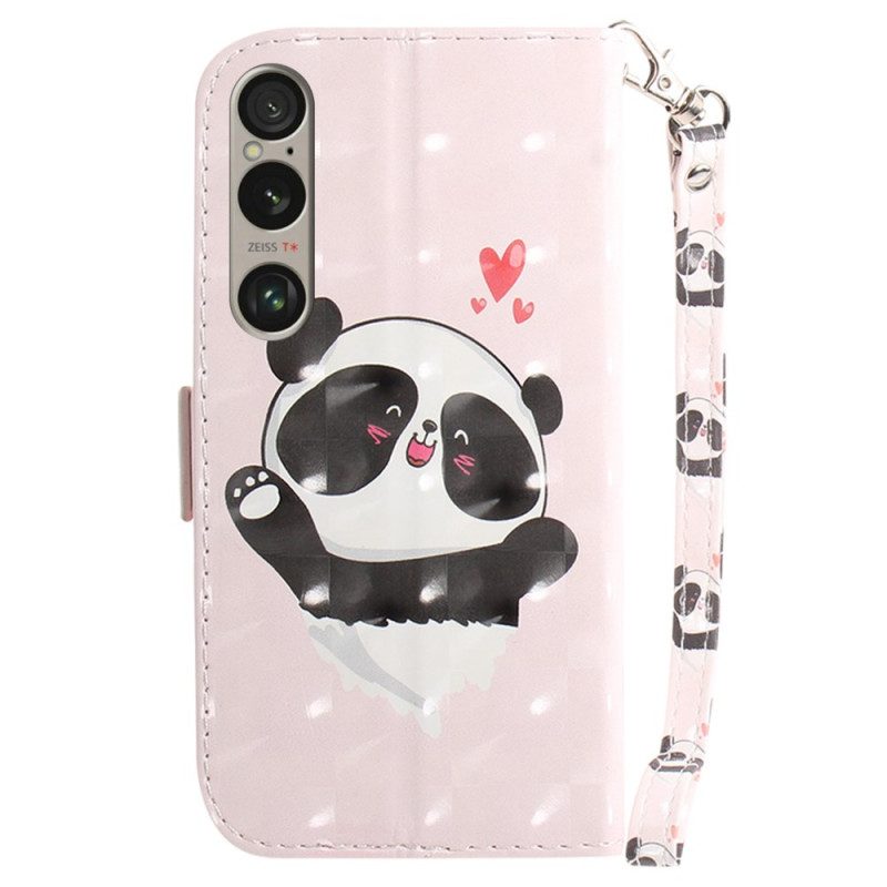 Leren Hoesje Sony Xperia 1 Vi Panda Love Met Riempje Bescherming Hoesje