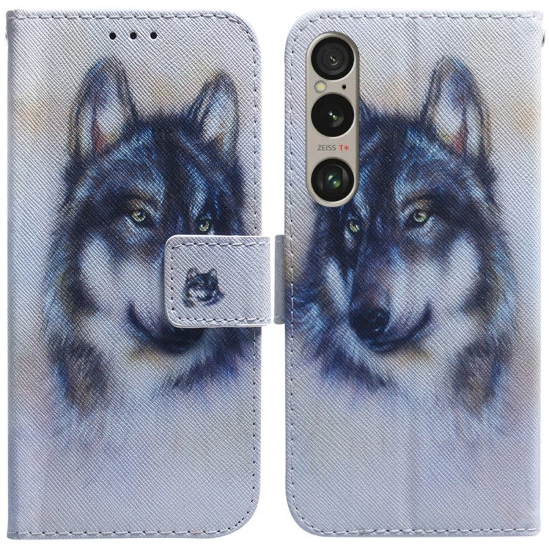 Leren Hoesje Sony Xperia 1 Vi Wolvenaquarel Bescherming Hoesje