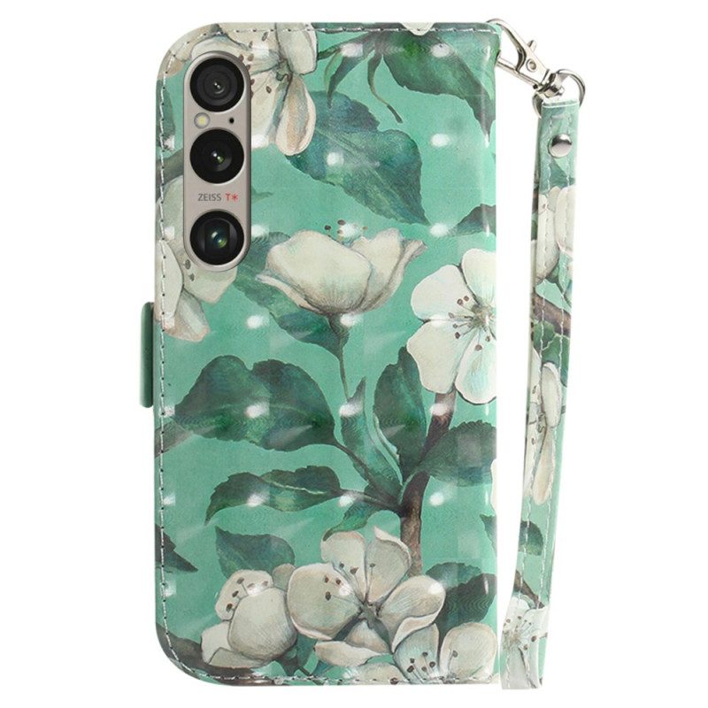 Leren Hoesje Voor Sony Xperia 1 Vi Aquarelbloemen Met Riempje