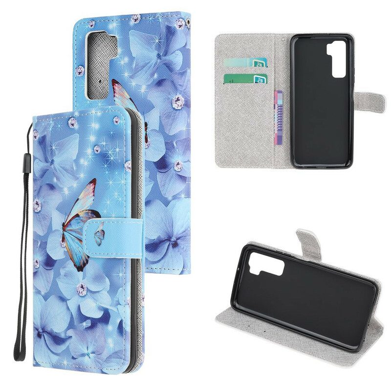 Folio-hoesje voor Huawei P40 Lite 5G Met Ketting Strappy Diamanten Vlinders