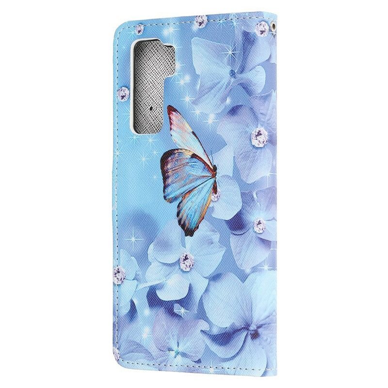 Folio-hoesje voor Huawei P40 Lite 5G Met Ketting Strappy Diamanten Vlinders