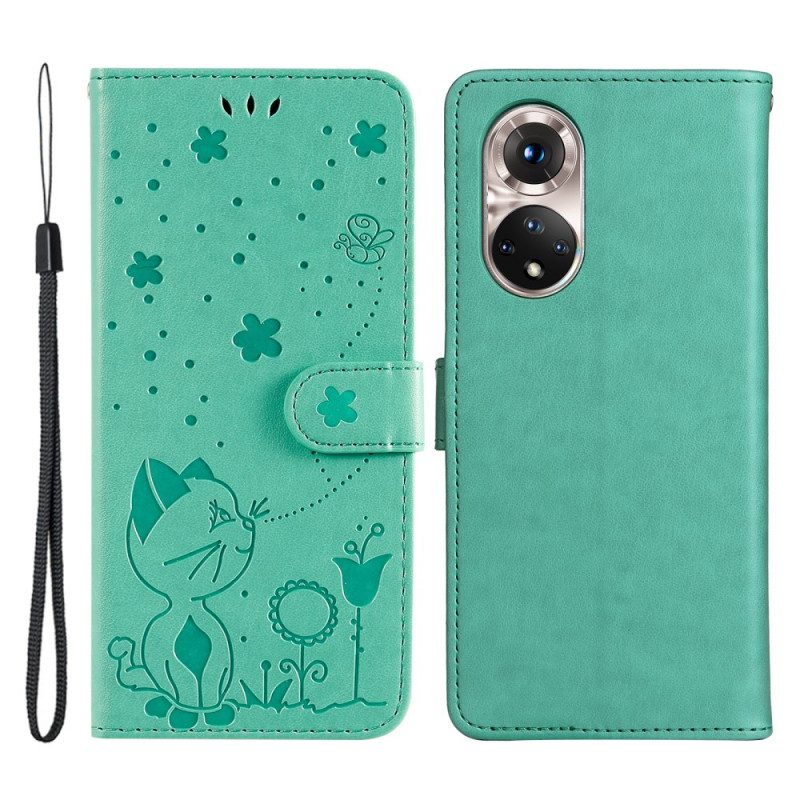 Leren Hoesje voor Huawei Nova 9 Met Ketting Kat En Bij Met Lanyard