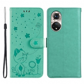 Leren Hoesje voor Huawei Nova 9 Met Ketting Kat En Bij Met Lanyard