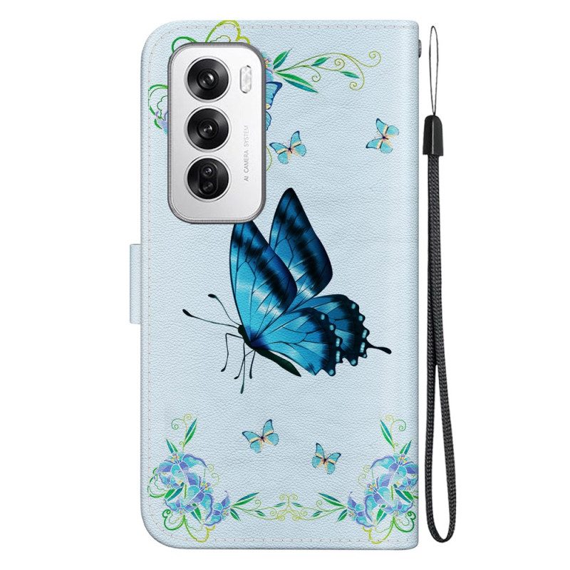 Folio-hoesje Oppo Reno 12 5g Telefoonhoesje Blauwe Vlinders En Bloemen Met Riempje