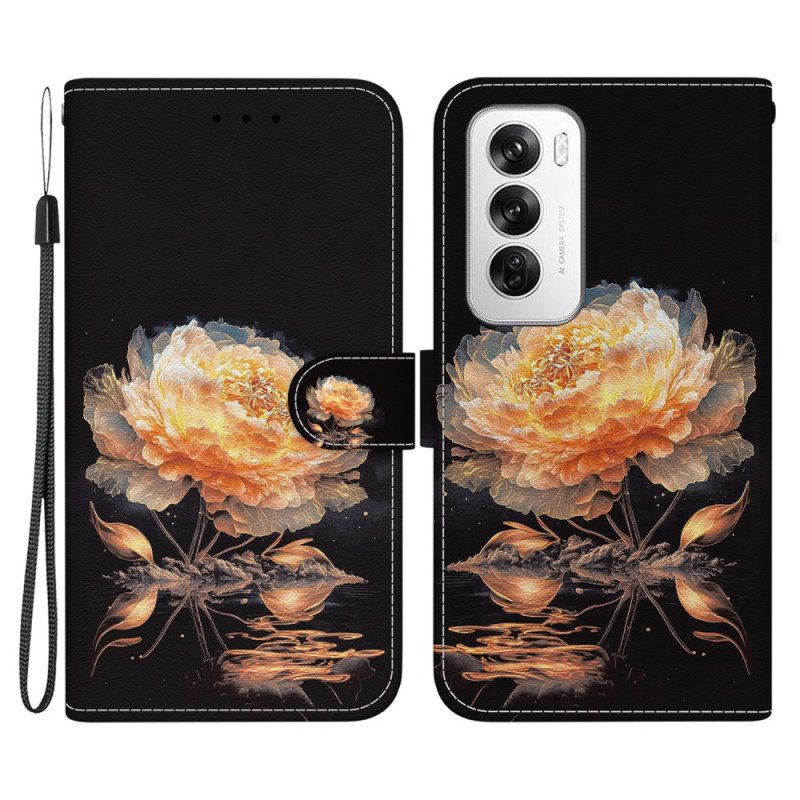 Folio-hoesje Oppo Reno 12 5g Telefoonhoesje Gouden Pioen Met Riem