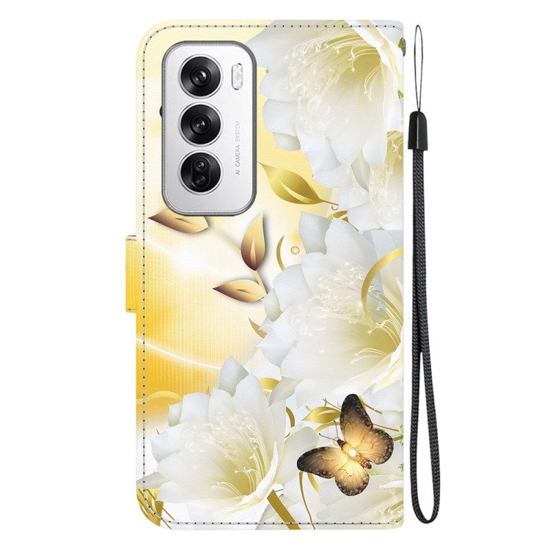 Leren Hoesje Voor Oppo Reno 12 5g Gouden Vlinders En Bloemen Met Riem